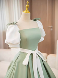 A-line Puff Sleeve Green Elegant Long Prom Dress Satin Princess Dresses TKL2167|Selinadress