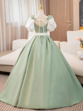 A-line Puff Sleeve Green Elegant Long Prom Dress Satin Princess Dresses TKL2167|Selinadress