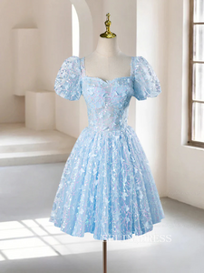 A-Line Puff Sleeves Lace Blue Short Prom Dress Tulle Homecoming Dress #TKL2114|Selinadress