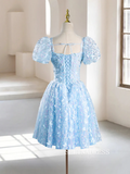 A-Line Puff Sleeves Lace Blue Short Prom Dress Tulle Homecoming Dress #TKL2114|Selinadress