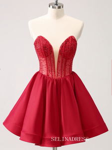 A-line Red Sweetheart Homecoming Dresses Beaded Hoco Dress Cocktail Dress #TKL2353|Selinadress