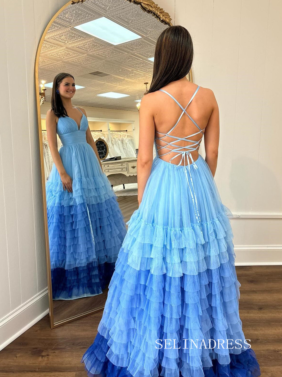 A-line Sky Blue Ombre Tiered Tulle Long Prom Dress With Slit SEW1152|Selinadress