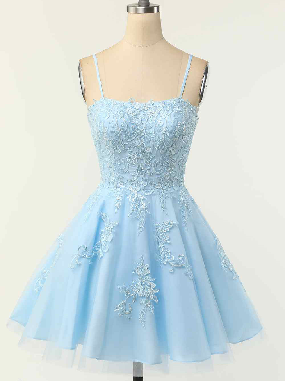 A-line Spaghetti Straps Appliqued Short Prom Dress Light Sky Blue Homecoming Dress kts077|Selinadress