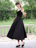 A-line Spaghetti Straps Black Prom Dress Tea Length Princess Dresses TKL2208|Selinadress