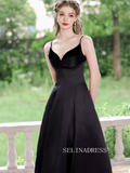 A-line Spaghetti Straps Black Prom Dress Tea Length Princess Dresses TKL2208|Selinadress