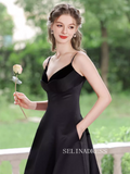 A-line Spaghetti Straps Black Prom Dress Tea Length Princess Dresses TKL2208|Selinadress