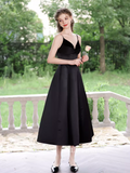 A-line Spaghetti Straps Black Prom Dress Tea Length Princess Dresses TKL2208|Selinadress