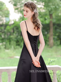 A-line Spaghetti Straps Black Prom Dress Tea Length Princess Dresses TKL2208|Selinadress