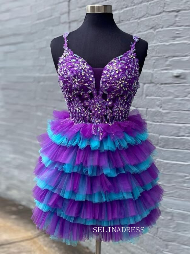 A-line Spaghetti Straps Grape Lace Short Prom Dress Multi-layered Homecoming Dresses #TKL2321|Selinadress