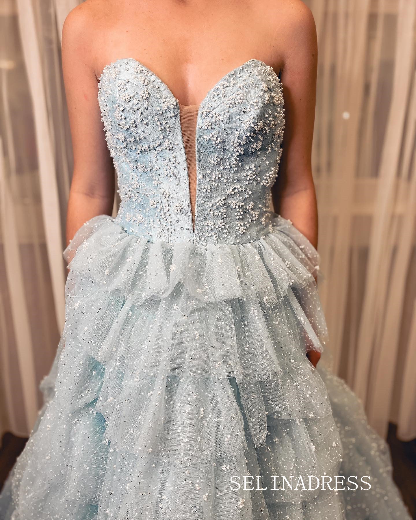 A-line Spaghetti Straps Light Sky Blue Ruffles Tulle Long Prom Dress lpk920|Selinadress