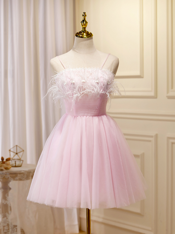 A-line Spaghetti Straps Pink Short Prom Dress Juniors Cute Homecoming Dresses KTS004|Selinadress