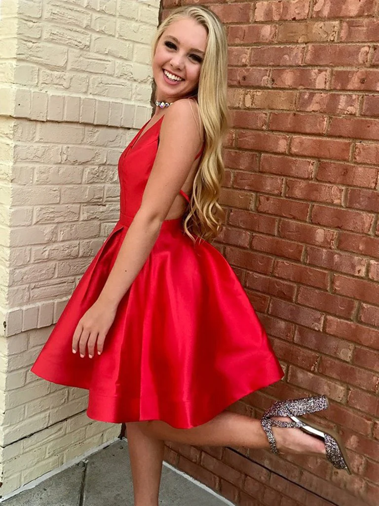 A line Spaghetti Straps Short Prom Dress Red Satin Homecoming Dress kts095