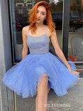 A-line Spaghetti Straps Sparkly Beaded Blue Homecoming Dress #EWR714|Selinadress