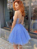 A-line Spaghetti Straps Sparkly Beaded Blue Homecoming Dress #EWR714|Selinadress