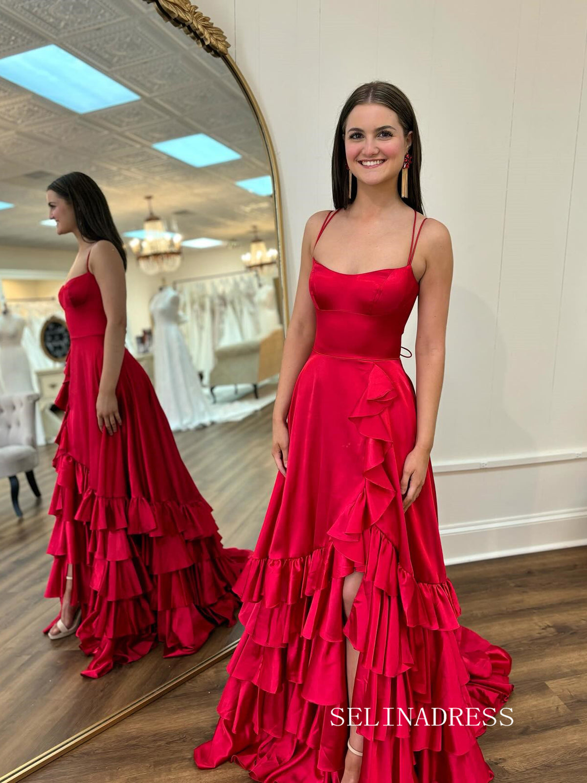 A-line Spaghetti Straps Tiered Red Long Prom Dress With Slit SEW1153|Selinadress