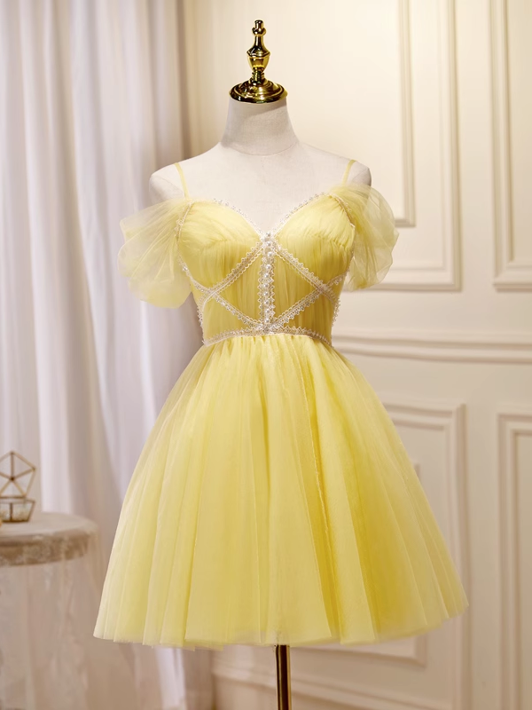 A-line Spaghetti Straps Yellow Short Prom Dress Juniors Cute Homecoming Dresses KTS005|Selinadress