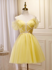 A-line Spaghetti Straps Yellow Short Prom Dress Juniors Cute Homecoming Dresses KTS005|Selinadress