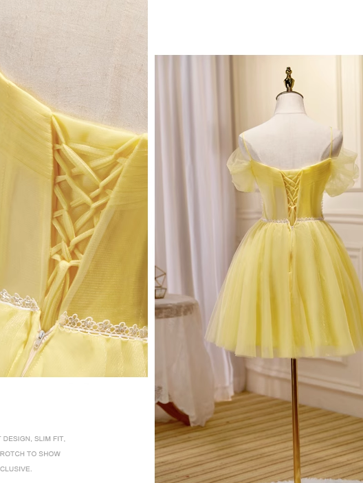 A-line Spaghetti Straps Yellow Short Prom Dress Juniors Cute Homecoming Dresses KTS005|Selinadress