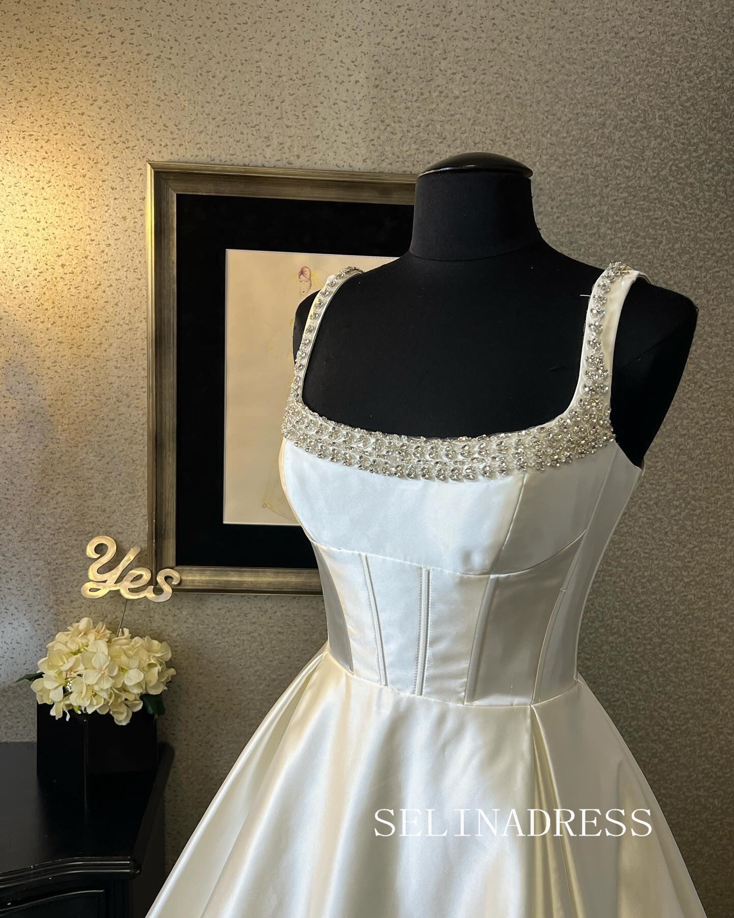 A-line Square Beaded Neck Wedding Dress Rustic Bridal Gowns TKL3053|Selinadress