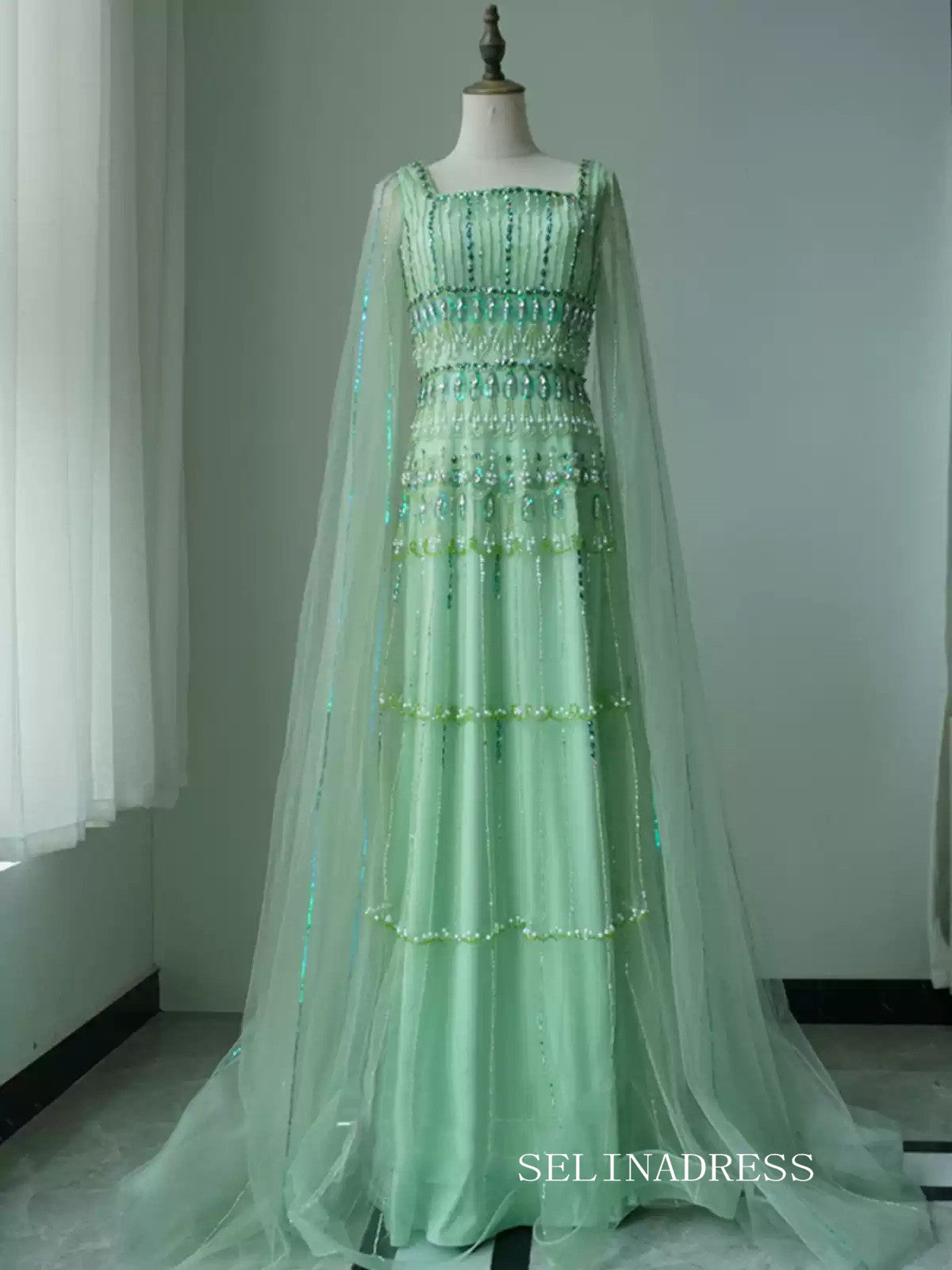 A-line Square Green Long Prom Dress High Quality Evening Gowns CN005|Selinadress