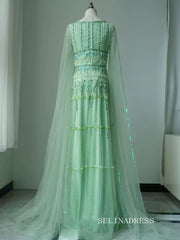 A-line Square Green Long Prom Dress High Quality Evening Gowns CN005|Selinadress