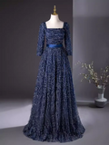 A-line Square Neck Elegant Dark Navy Long Prom Dress Long Sleeve Princess Dresses TKL2169|Selinadress