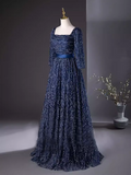 A-line Square Neck Elegant Dark Navy Long Prom Dress Long Sleeve Princess Dresses TKL2169|Selinadress