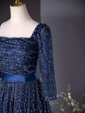 A-line Square Neck Elegant Dark Navy Long Prom Dress Long Sleeve Princess Dresses TKL2169|Selinadress