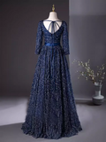 A-line Square Neck Elegant Dark Navy Long Prom Dress Long Sleeve Princess Dresses TKL2169