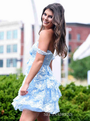 A-line Staps Light Sky Blue Short Prom Dress Lace Homecoming Dresses #TKL2326|Selinadress