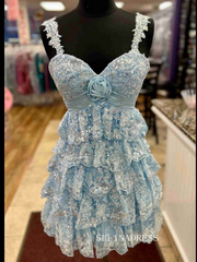 A-line Staps Light Sky Blue Short Prom Dress Lace Homecoming Dresses #TKL2326|Selinadress