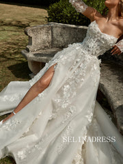 A-line Strapless 3D Lace Detachable Long Sleeve Wedding Dresses SER613|Selinadress