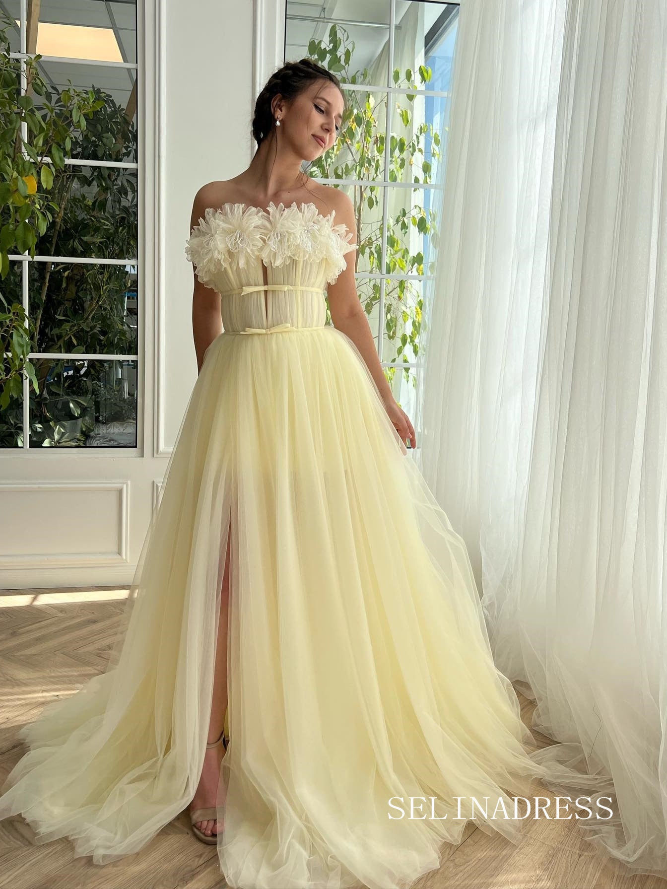 A-line Strapless Beautiful Prom Dress Daffodil Long Evening Dresses SEA034|Selinadress