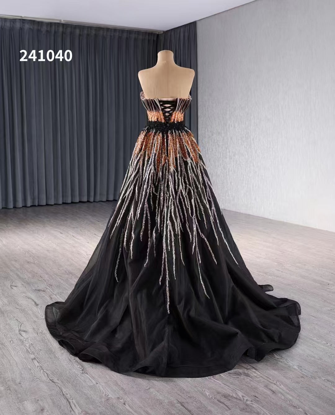 A-line Strapless Black Luxury Prom Dress Beaded Quincess Evening Gowns 241040|Selinadress