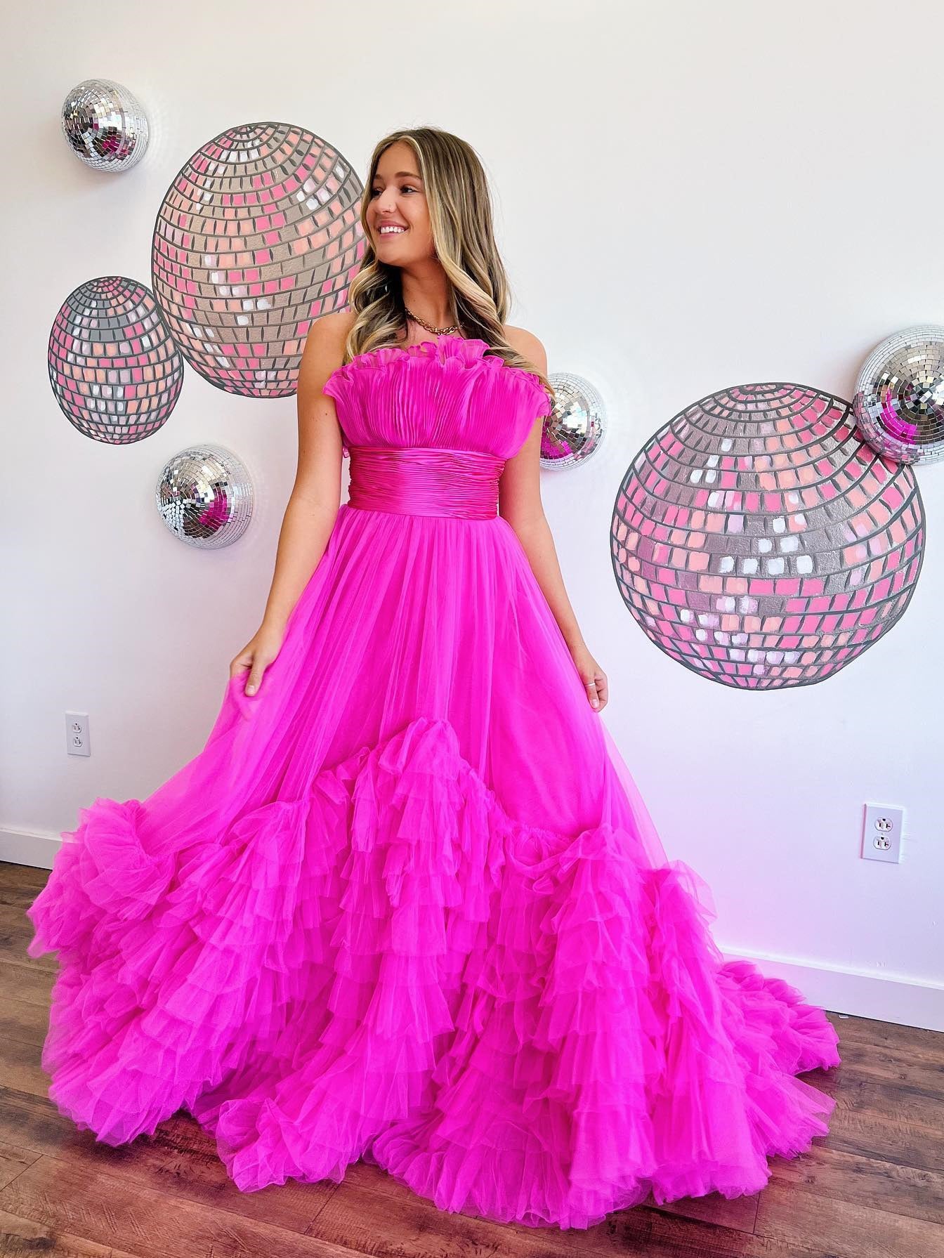 A-Line Strapless Fuchsia Long Prom Dress Tulle Formal Gowns #kop137|Selinadress