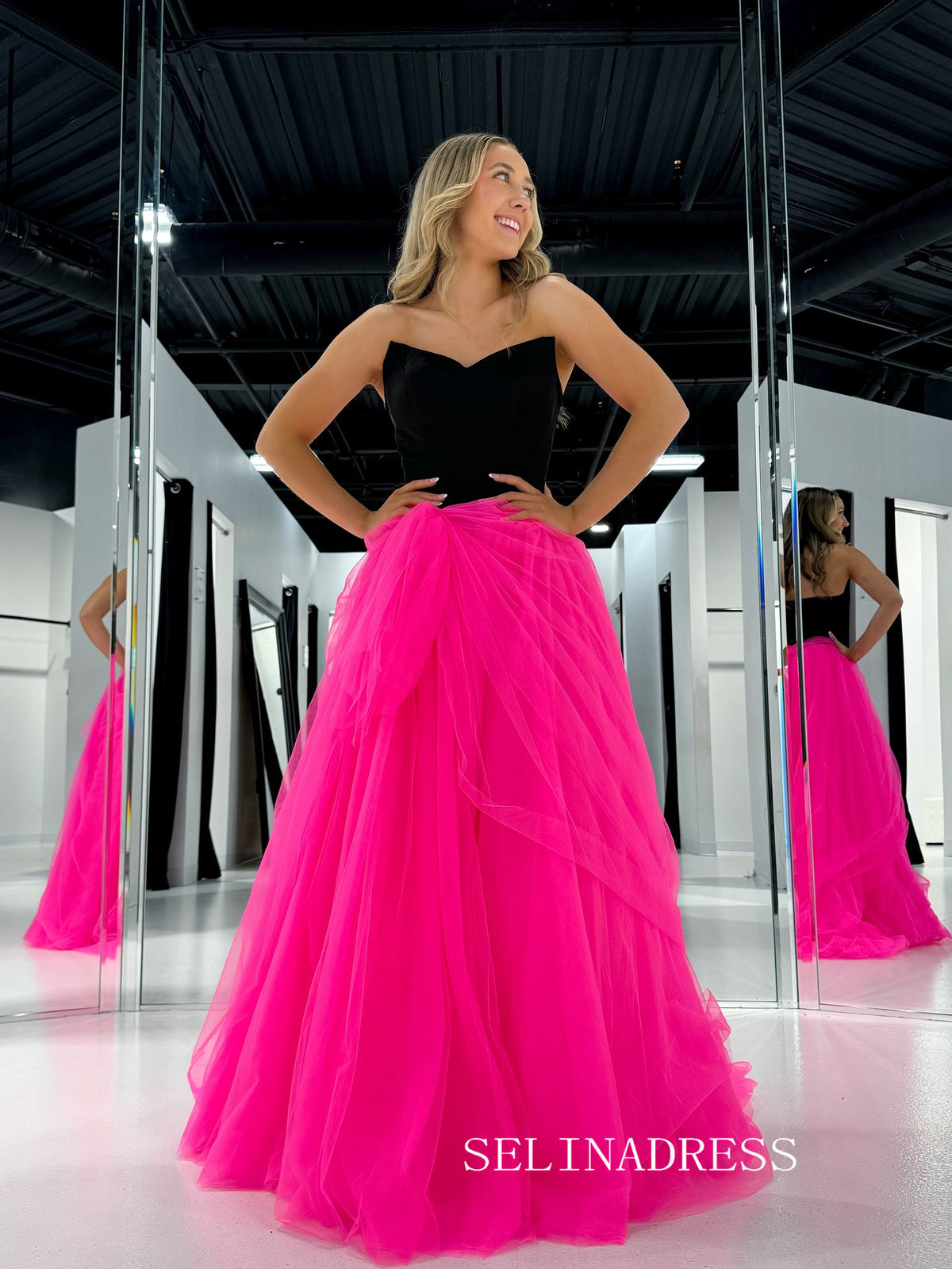 A-line Strapless Hot Pink Tulle Long Prom Dress Cheap Evening Dress SED0016|Selinadress