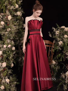 A-line Strapless Satin Red Long Prom Dress Beautiful Princess Dresses TKL2214|Selinadress