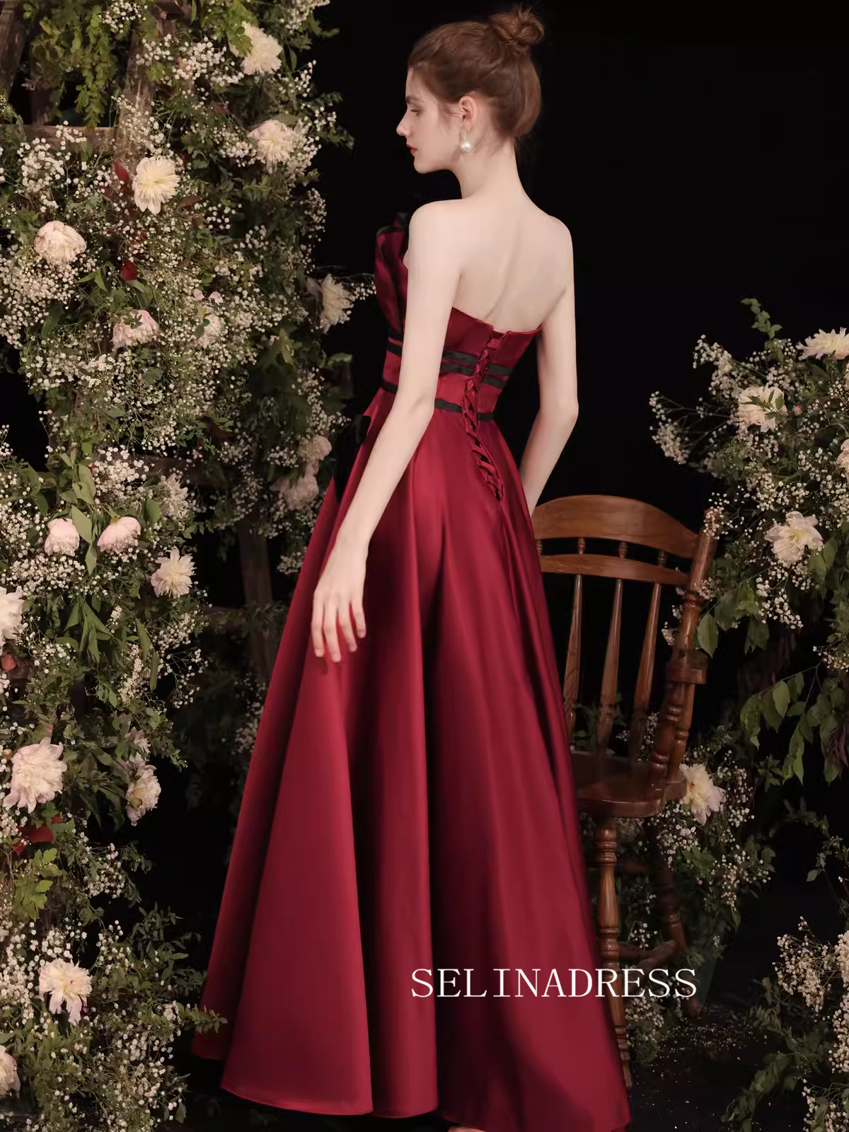 A-line Strapless Satin Red Long Prom Dress Beautiful Princess Dresses TKL2214|Selinadress