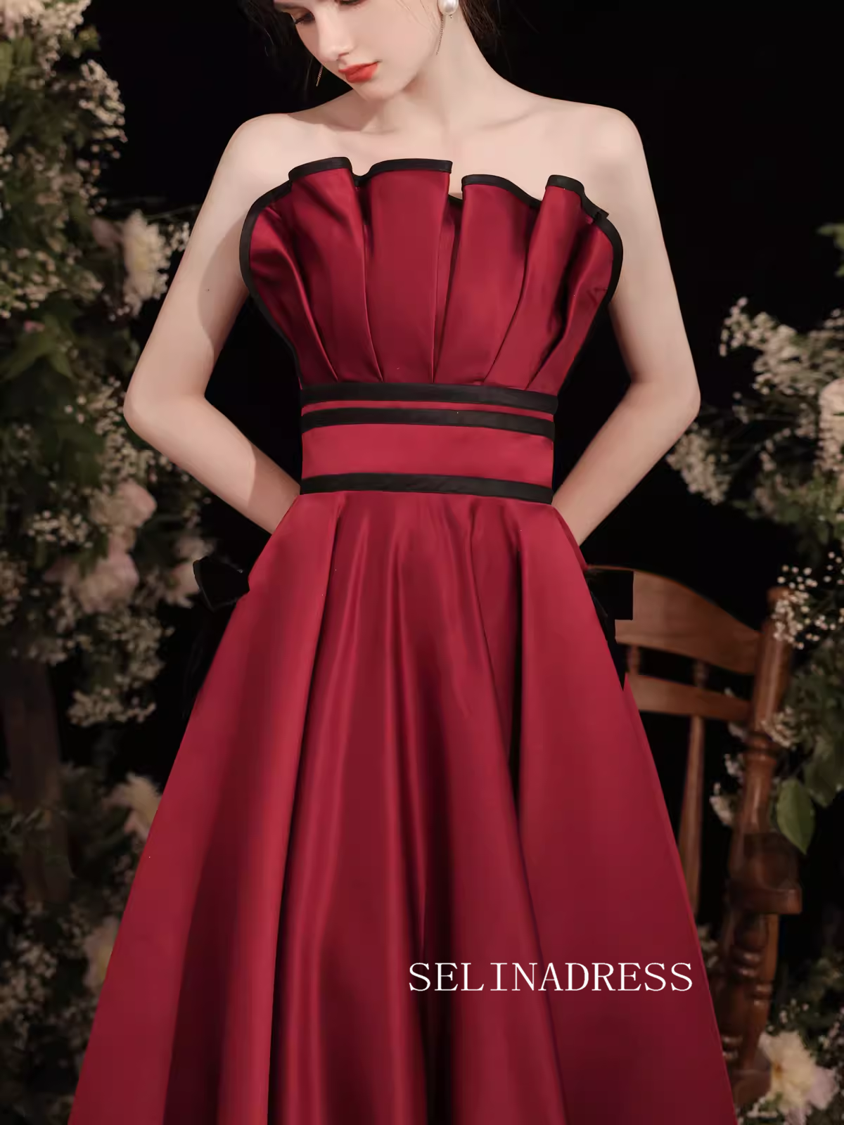 A-line Strapless Satin Red Long Prom Dress Beautiful Princess Dresses TKL2214|Selinadress