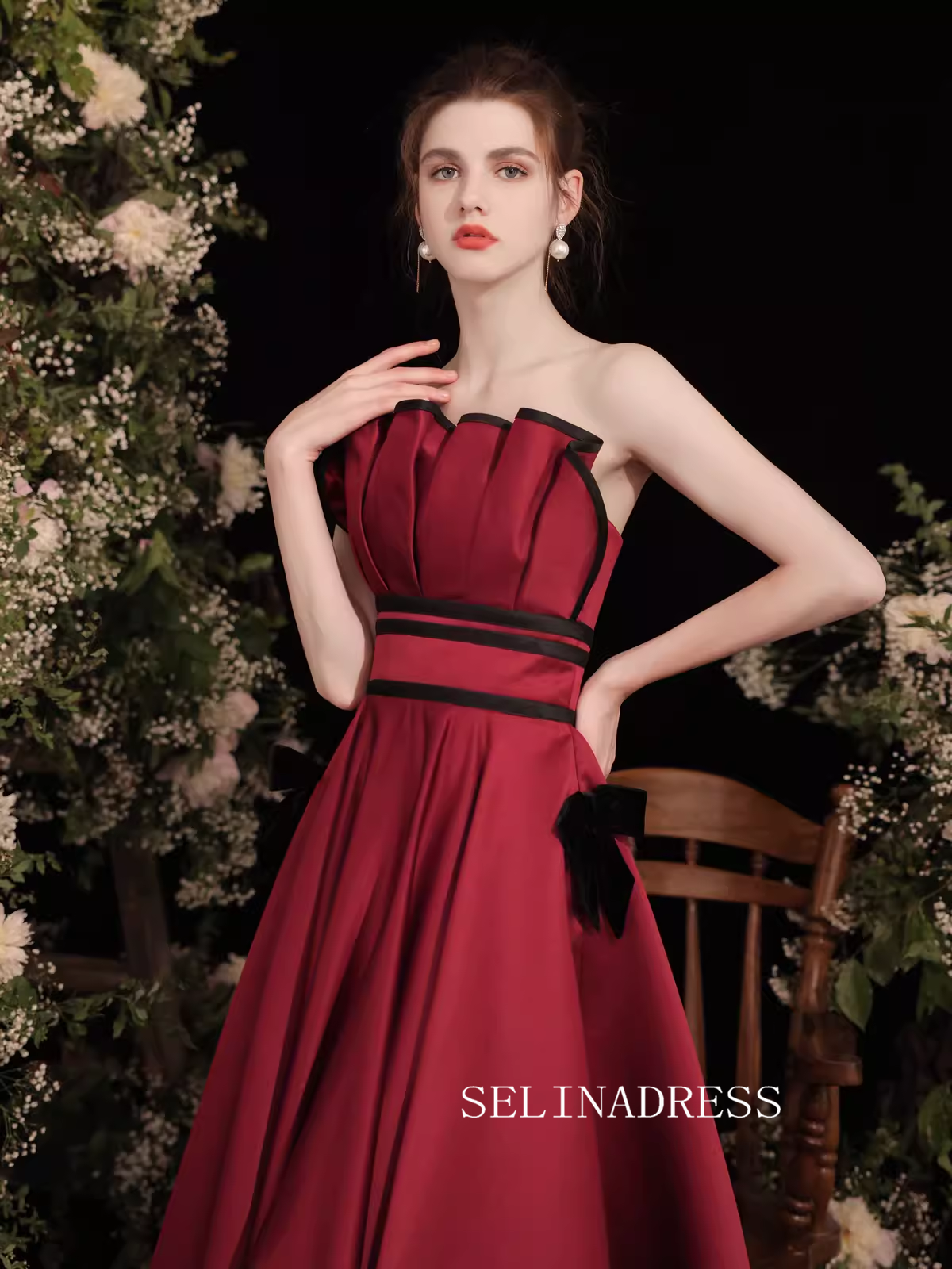 A-line Strapless Satin Red Long Prom Dress Beautiful Princess Dresses TKL2214|Selinadress