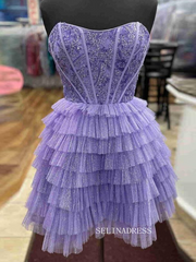 A-line Strapless Sleeveless Short Prom Dress Lilac Homecoming Dresses #TKL2324|Selinadress