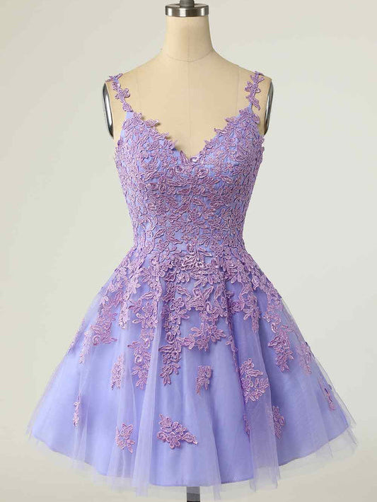 A-line Straps Beautiful Lace Short Prom Dress Lavender Homecoming Dress kts073|Selinadress