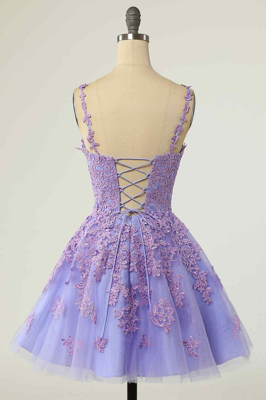 A-line Straps Beautiful Lace Short Prom Dress Lavender Homecoming Dress kts073|Selinadress