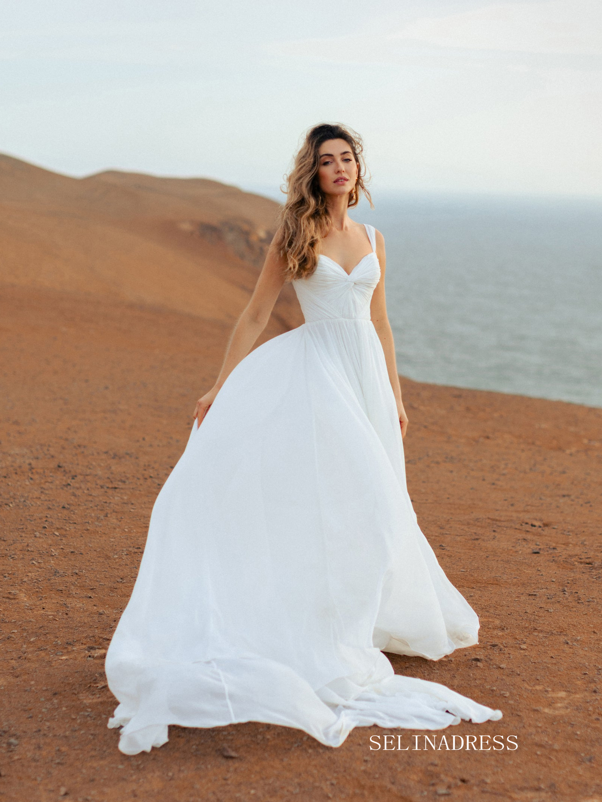 A-line Straps Chiffon Beach Wedding Dresses Elegant Bridal Gown EWR801|Selinadress