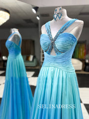 A-line Straps Chiffon Blue Ombre Prom Dress Beaded Evening Dresses SED0032|Selinadress