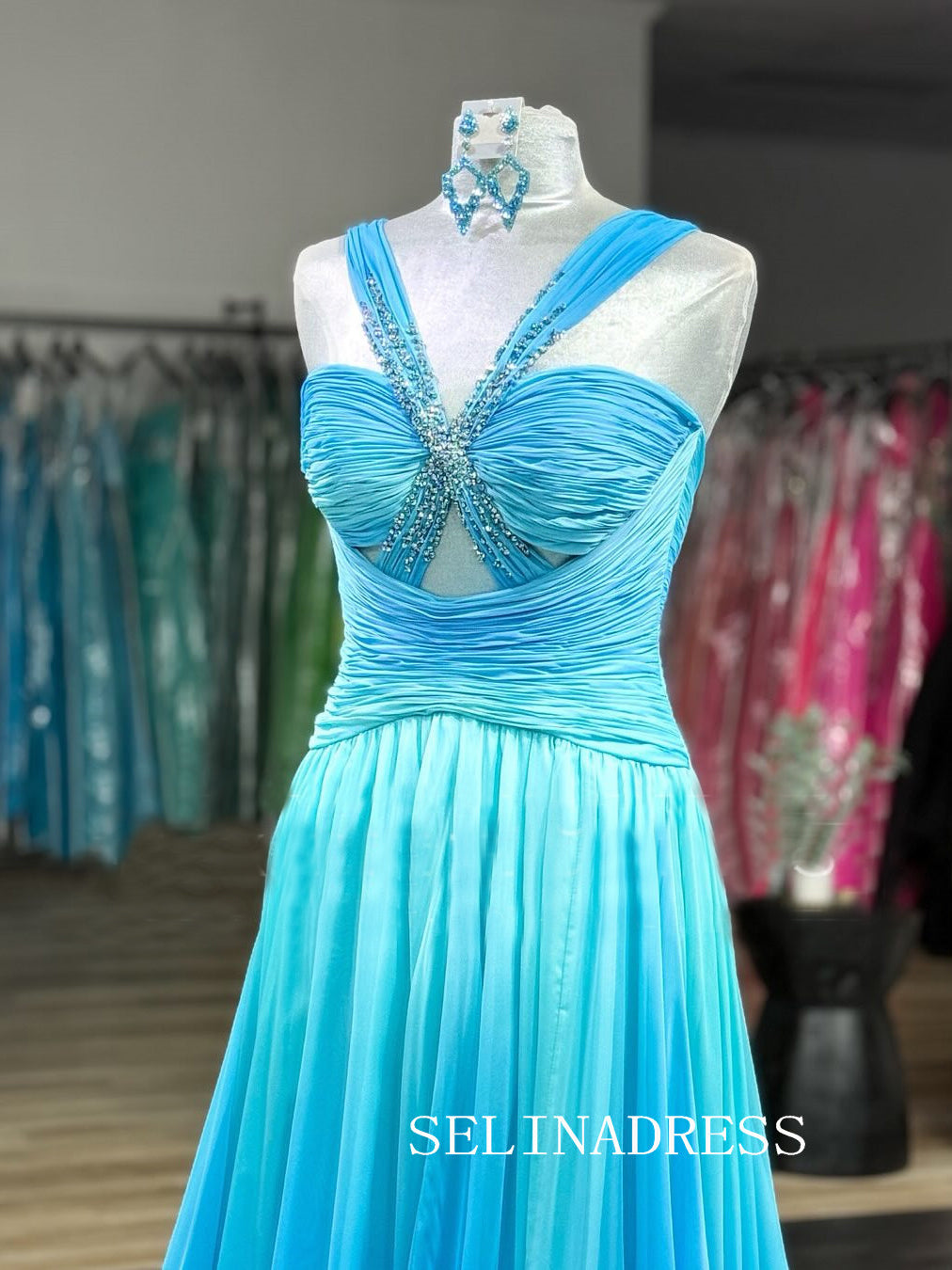 A-line Straps Chiffon Blue Ombre Prom Dress Beaded Evening Dresses SED0032|Selinadress