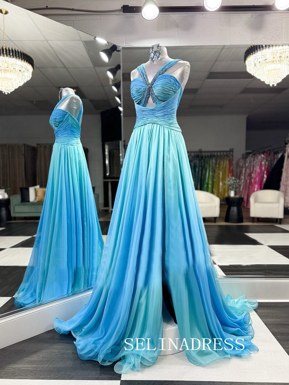 A-line Straps Chiffon Blue Ombre Prom Dress Beaded Evening Dresses SED0032|Selinadress