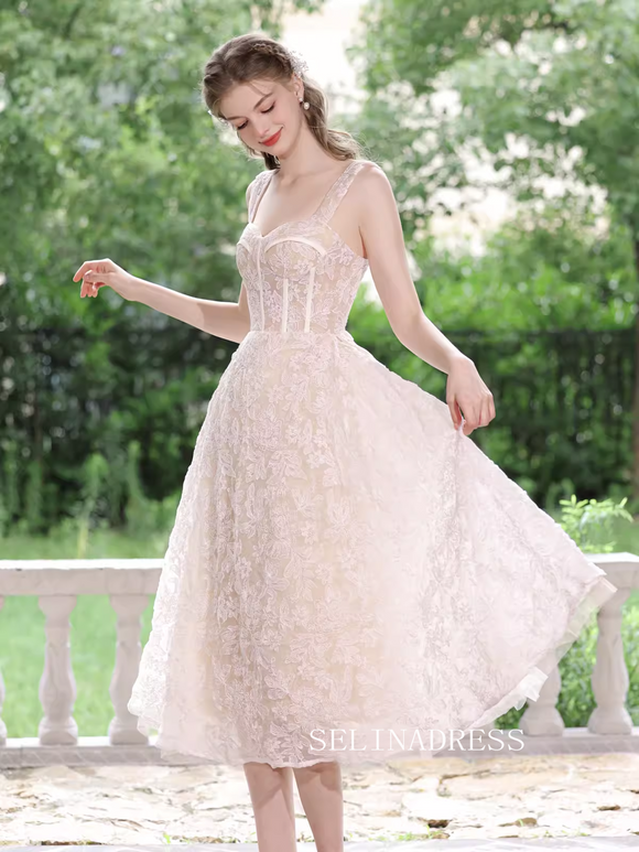 A-line Straps Lace Prom Dress Beautiful Tea Length Princess Dresses TKL2211|Selinadress