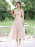 A-line Straps Lace Prom Dress Beautiful Tea Length Princess Dresses TKL2211|Selinadress