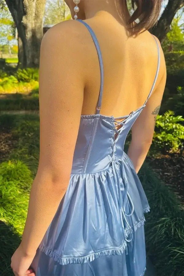 A-line Dusty Blue Straps Ruffle Prom Dress with Slit SEW1307|Selinadress